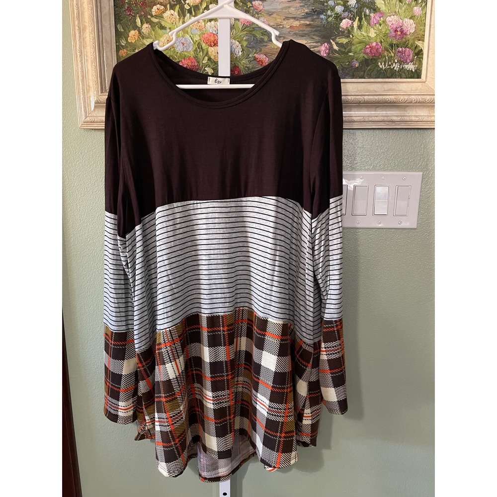 Egy Solid Plaid Stripe Color Block Tunic Top Curved Hem Oversized LS Hi-Lo XL